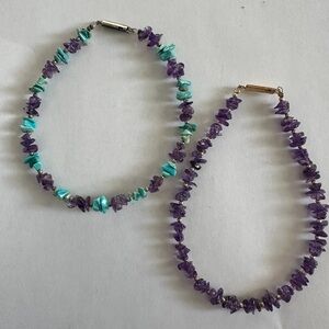 Purple and Turquoise Chip Beaded bracelet / anklet set